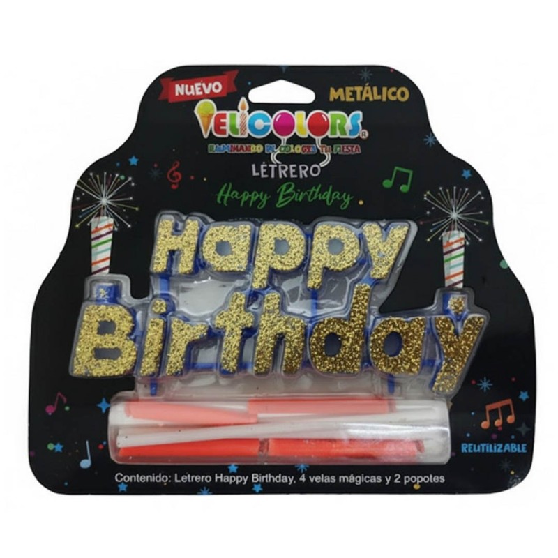 Vela Letrero Happy Birthday Decorado Oro, velas rosas. Costo por pieza.