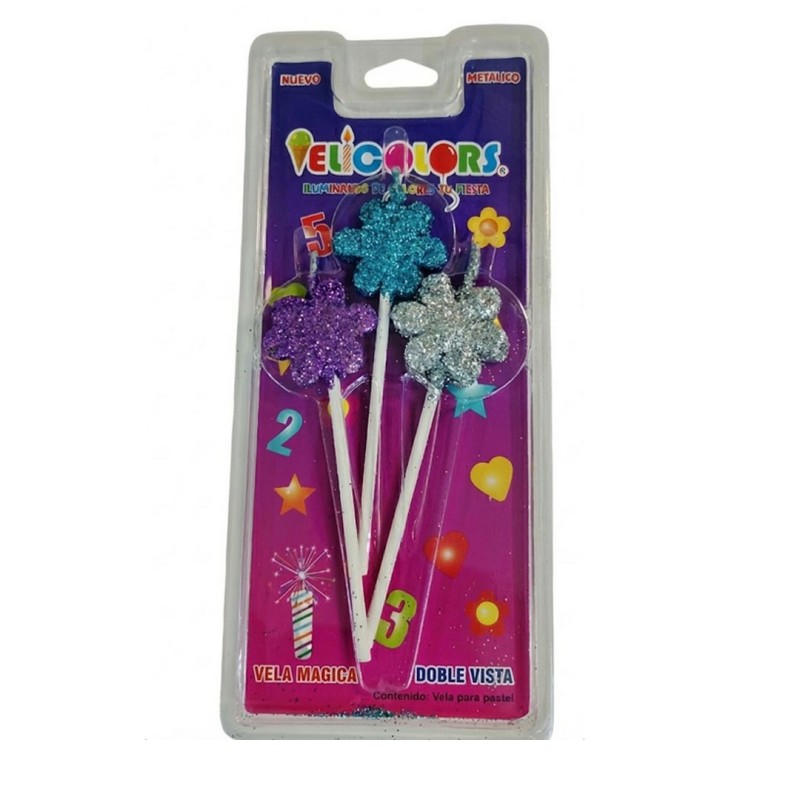 Figuras en forma de flor - Diamantina morado, azul, plata. Costo por pieza.