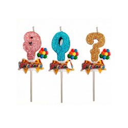 Velas en forma de Números - Diamantina oro, plata, rosa y azul. Costo por pieza.