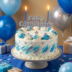 Vela Letrero Feliz Cumpleaños Decorado Plata, velas azules. Costo por pieza.