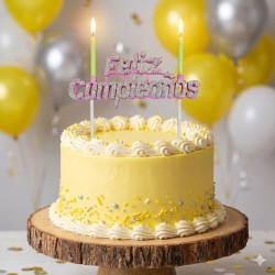 Vela Letrero Feliz Cumpleaños Decorado Plata, velas amarillas. Costo por pieza.