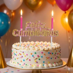 Vela Letrero Feliz Cumpleaños Decorado Oro, velas rosas. Costo por pieza.