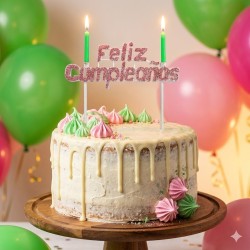 Vela Letrero Feliz Cumpleaños Decorado Rosa, velas verdes. Costo por pieza.