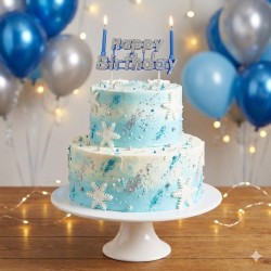 Vela Letrero Happy Birthday Decorado Plata, velas azules. Costo por pieza.