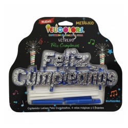 Vela Letrero Feliz Cumpleaños Decorado Plata, velas azules. Costo por pieza.
