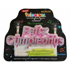 Vela Letrero Feliz Cumpleaños Decorado Plata, velas amarillas. Costo por pieza.