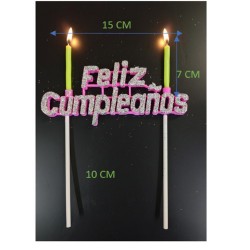 Vela Letrero Feliz Cumpleaños Decorado Plata, velas amarillas. Costo por pieza.