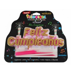 Vela Letrero Feliz Cumpleaños Decorado Oro, velas rosas. Costo por pieza.