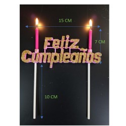 Vela Letrero Feliz Cumpleaños Decorado Oro, velas rosas. Costo por pieza.