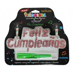 Vela Letrero Feliz Cumpleaños Decorado Rosa, velas verdes. Costo por pieza.