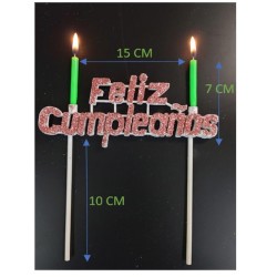 Vela Letrero Feliz Cumpleaños Decorado Rosa, velas verdes. Costo por pieza.