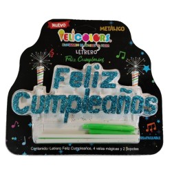 Vela Letrero Feliz Cumpleaños Decorado Azul, velas verdes. Caja con 25 Piezas.