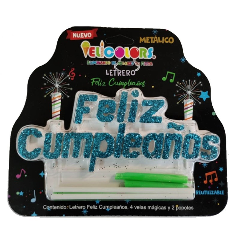 Vela Letrero Feliz Cumpleaños Decorado Azul, velas verdes. Caja con 25 Piezas.