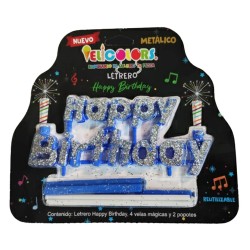 Vela Letrero Happy Birthday Decorado Plata, velas azules. Costo por pieza.