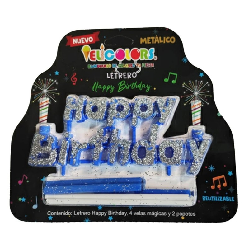 Vela Letrero Happy Birthday Decorado Plata, velas azules. Costo por pieza.