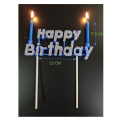Vela Letrero Happy Birthday Decorado Plata, velas azules. Costo por pieza.