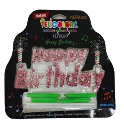 Vela Letrero Happy Birthday Decorado Rosa, velas verdes. Costo por pieza.
